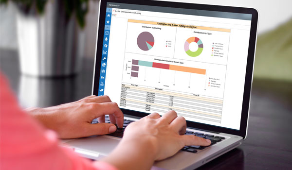 A woman working at a laptop showing an FMS:Workplace module.